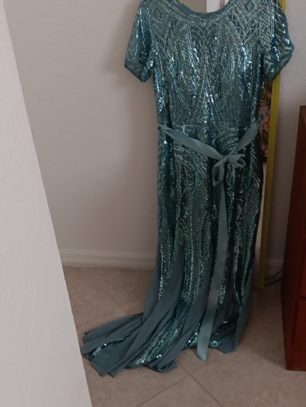Sparkling Light Turqoise Beaded Evening Gown with Sash Size 12 - Picture 13 of 14